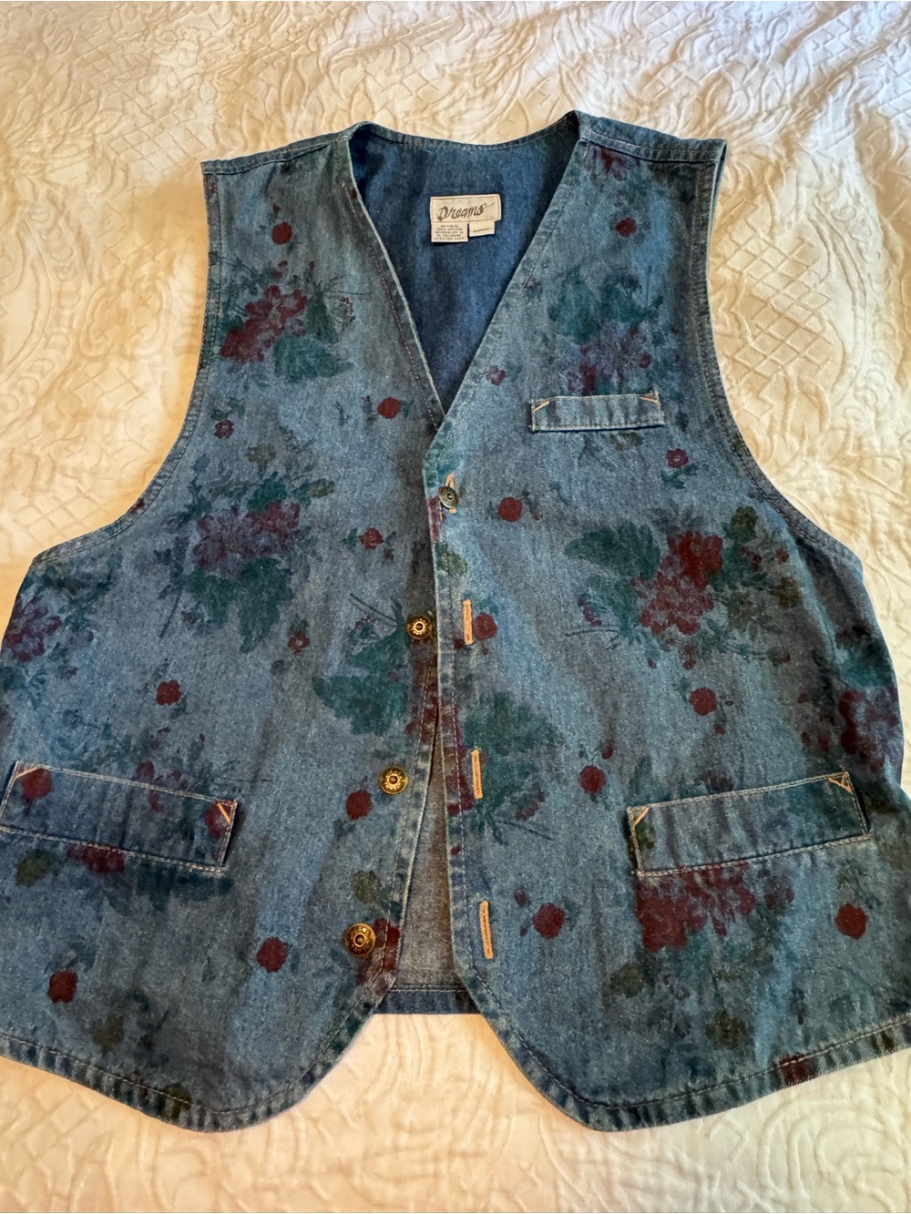 Dreams Denim Vest Womens Petite Small Floral Button Front Cotton Cottagecore